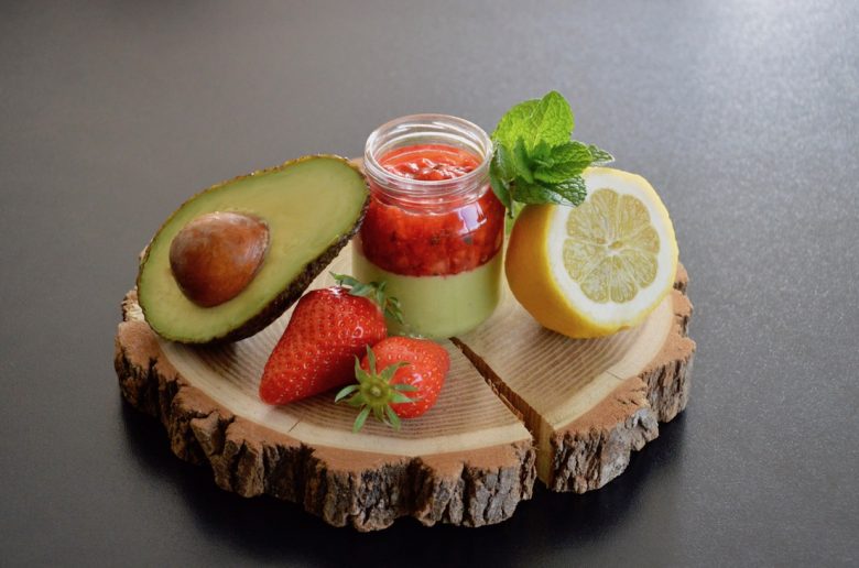 Strawberry tartar with mint and lemon on avocado cream baby recipe (from 12 months)