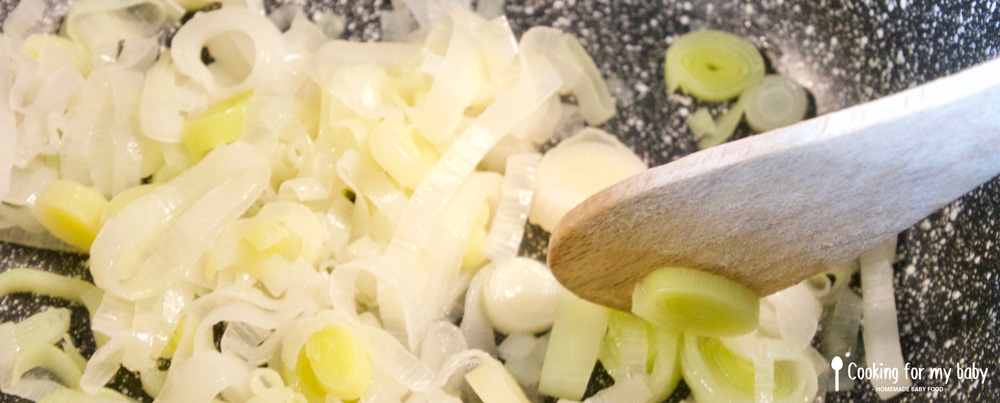 Stir leeks for carbonara pasta baby recipe